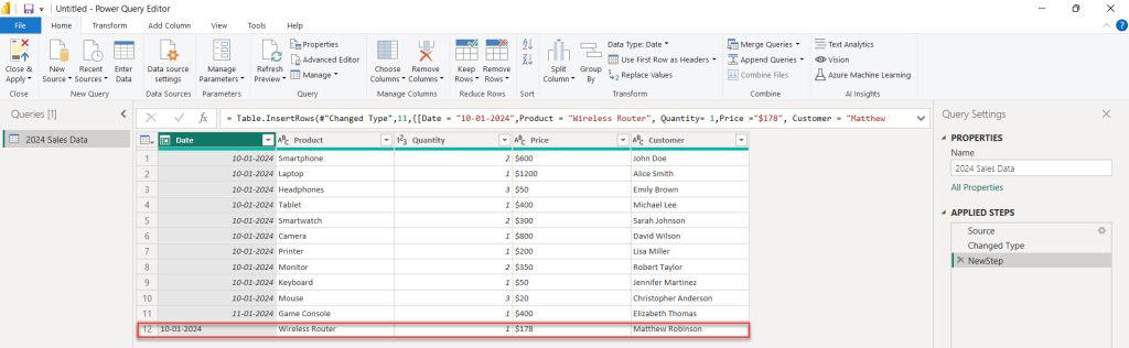 Power BI Add Row to Table using Advanced Editor