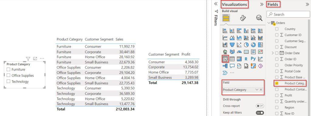 Power BI applies the slicer to multiple tables