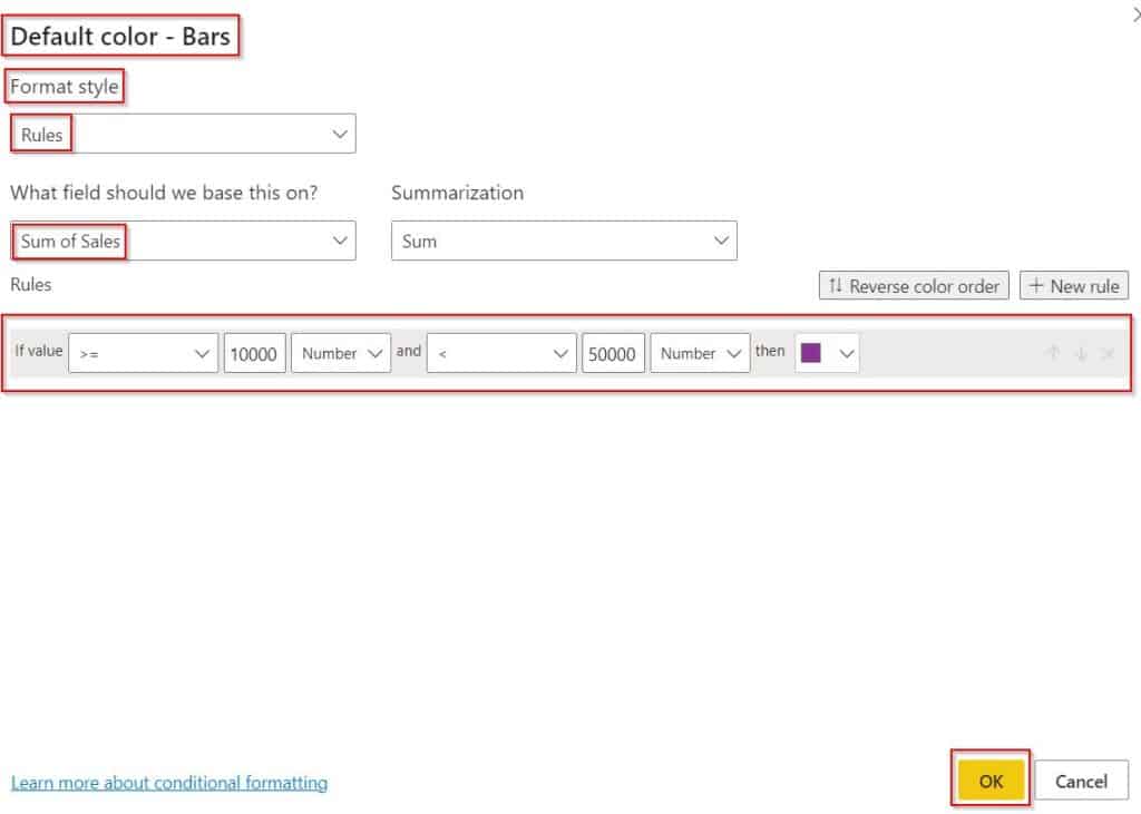 Power BI bar chart conditional formatting between two values