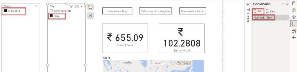 power bi bookmark data display current page