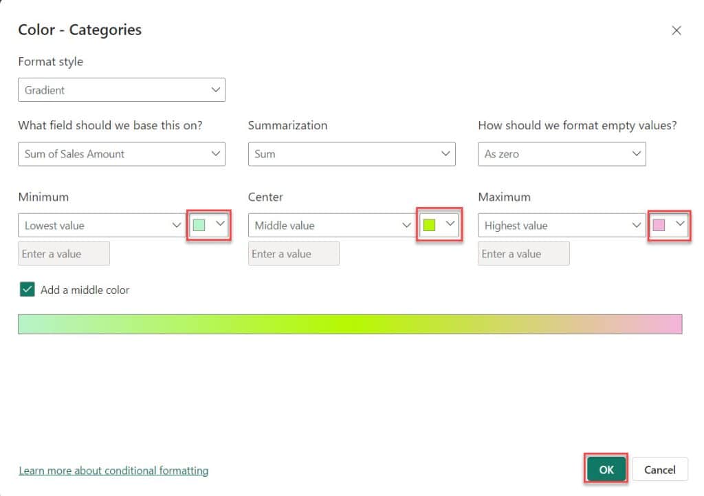 Power BI changes color based on the value bar chart