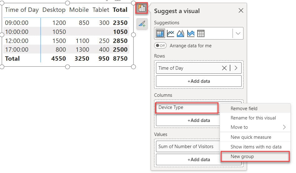 power bi columns in matrix group