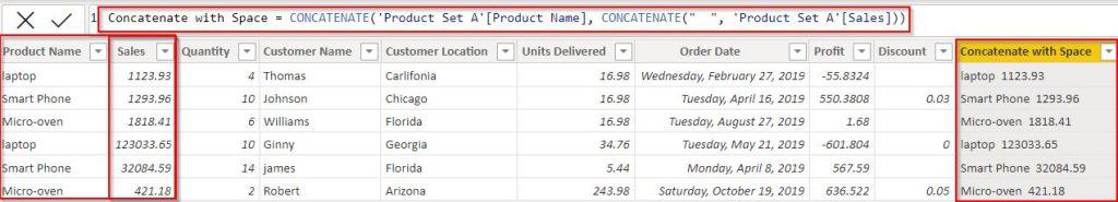 Power BI Concatenate with Space example