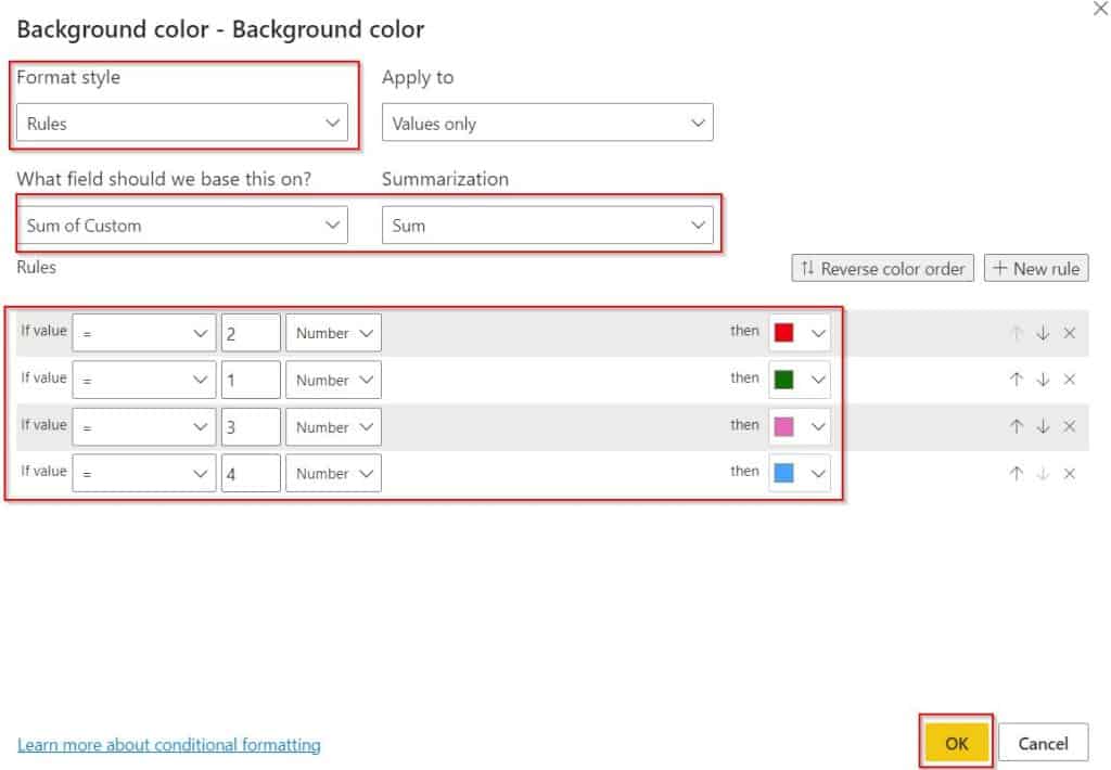 Power BI conditional formatting background based on text example