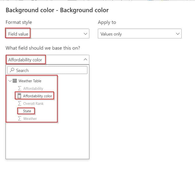 Power BI conditional formatting based on field value greyed out