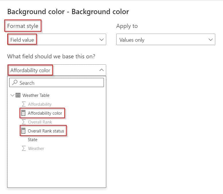 Power BI conditional formatting based on field value not working