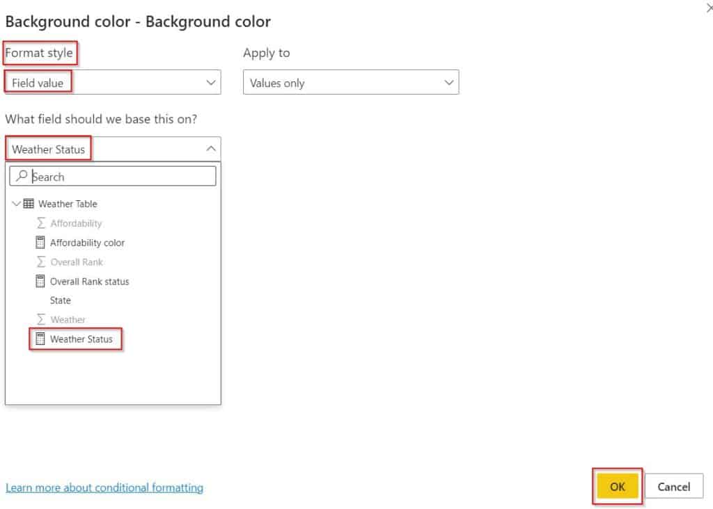 Power BI conditional formatting based on multiple field value example