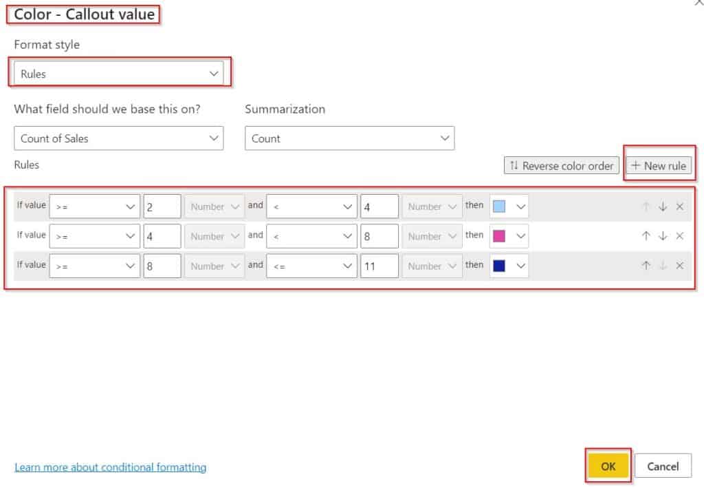 Power BI conditional formatting based on text card example