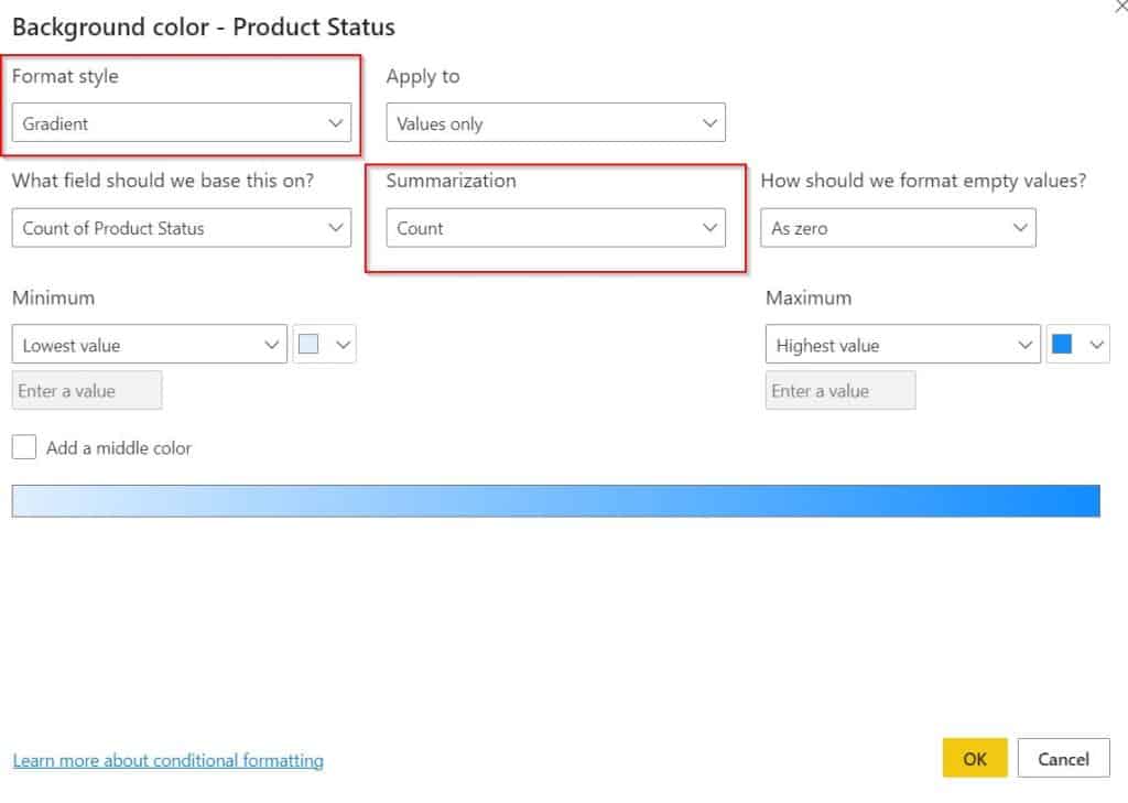 Power BI conditional formatting based on text not count