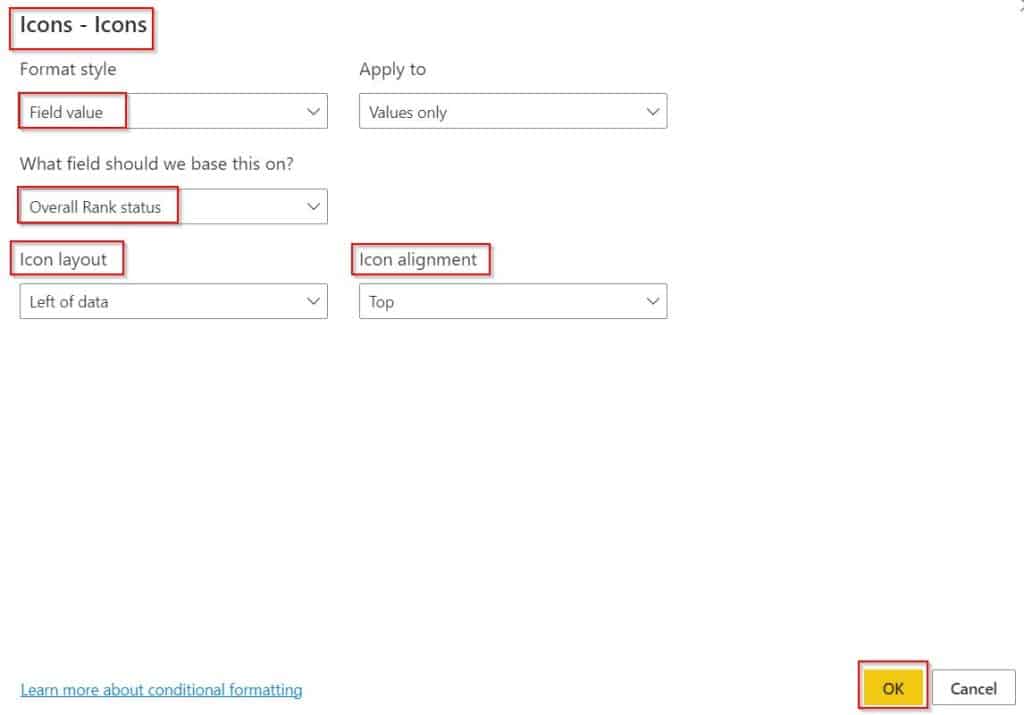 Power BI conditional formatting icon based on field value example