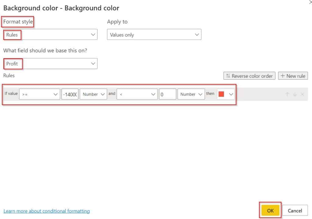 Power BI conditional formatting negative percentage example