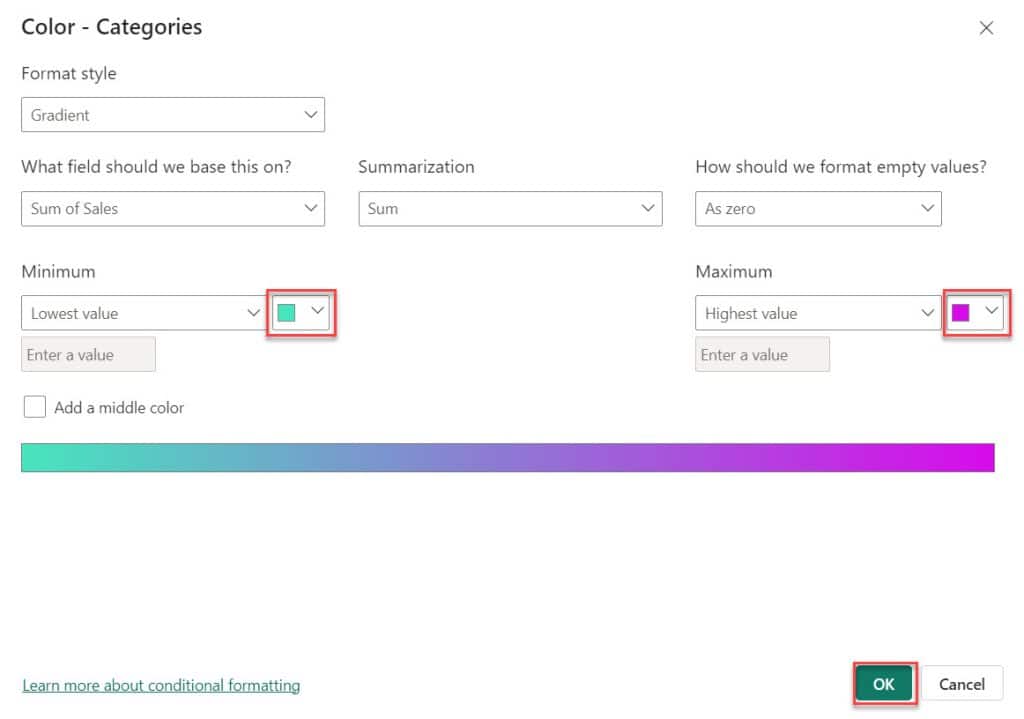 Power BI conditional formatting pie chart not available