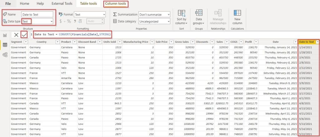 Power BI convert date to text DAX