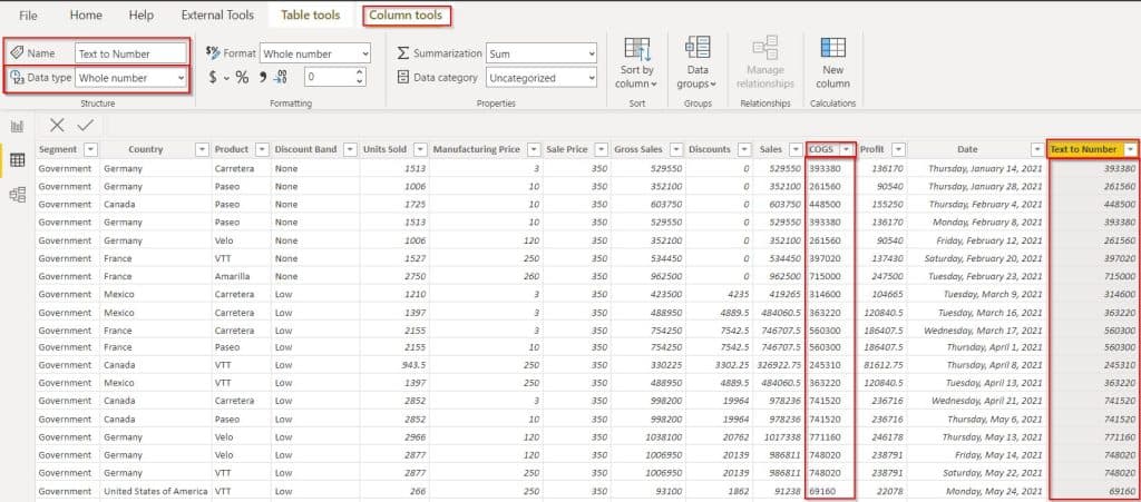 Power BI Convert Text to Number direct query example