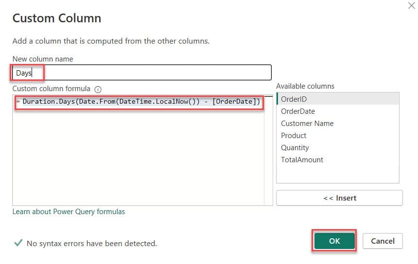 power bi custom column today minus date