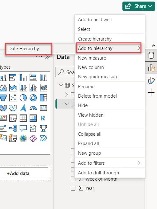 power bi date hierarchy add week