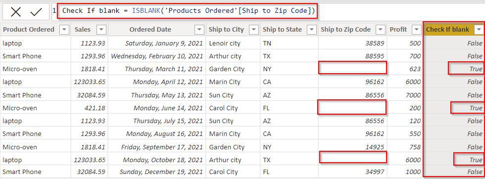 Power BI DAX ISBLANK example