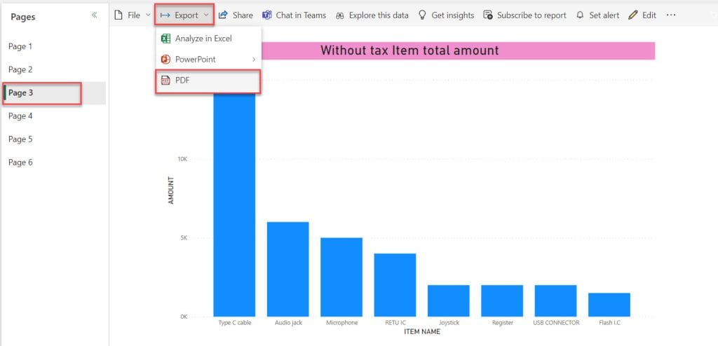 Power BI export only one report to PDF