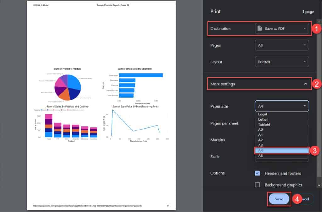 Power BI export to pdf page size example