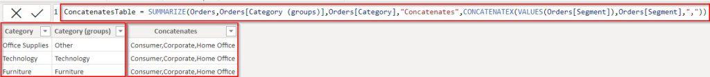 Power BI Group by column and concatenate values