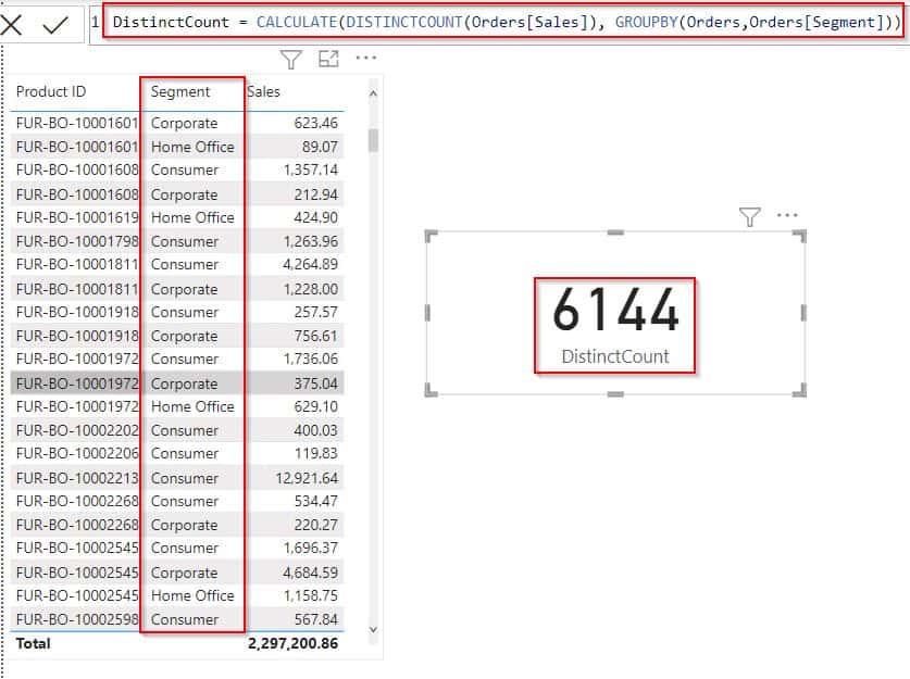 Power BI Group by column and count example