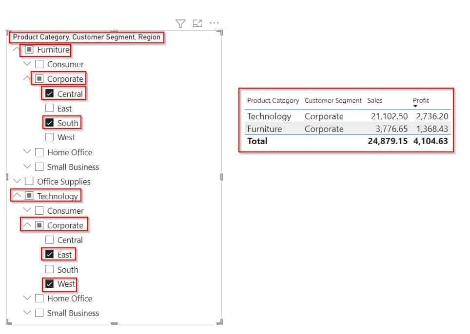 Power BI hierarchy slicer multiple selections example