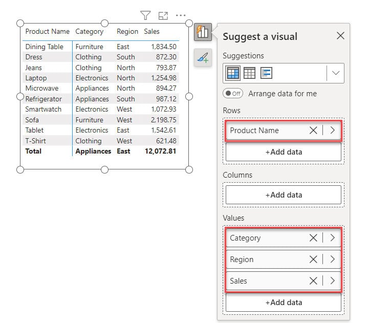 power bi matrix column side by side