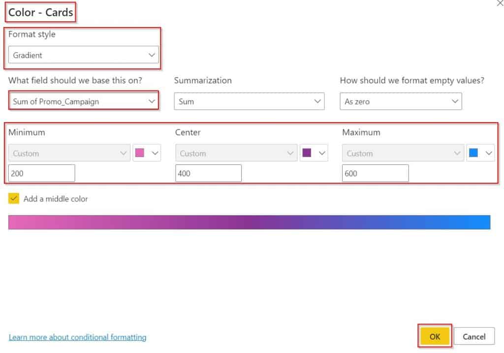 Power BI Multi-row card conditional formatting example