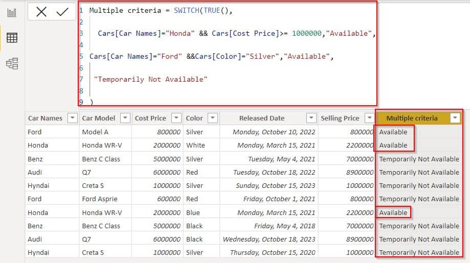 Power BI switch statement multiple criteria