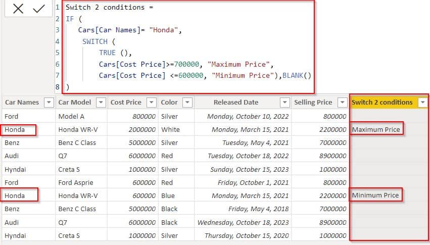 Power BI switch two conditions example