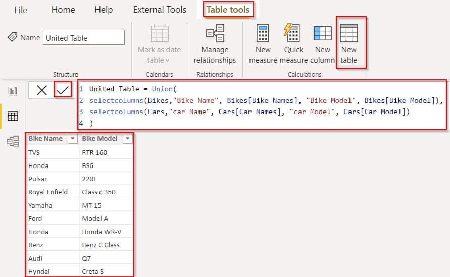 Power BI union two tables select columns