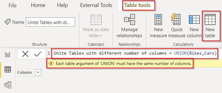 Power BI union two tables with different numbers of columns example