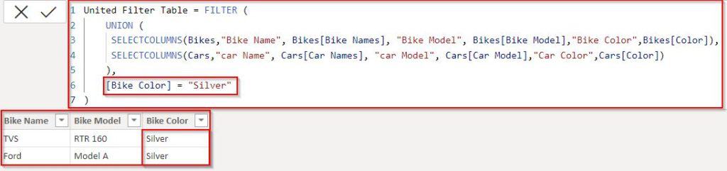 Power BI union two tables with filter