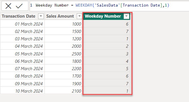 Power BI weekday function dax