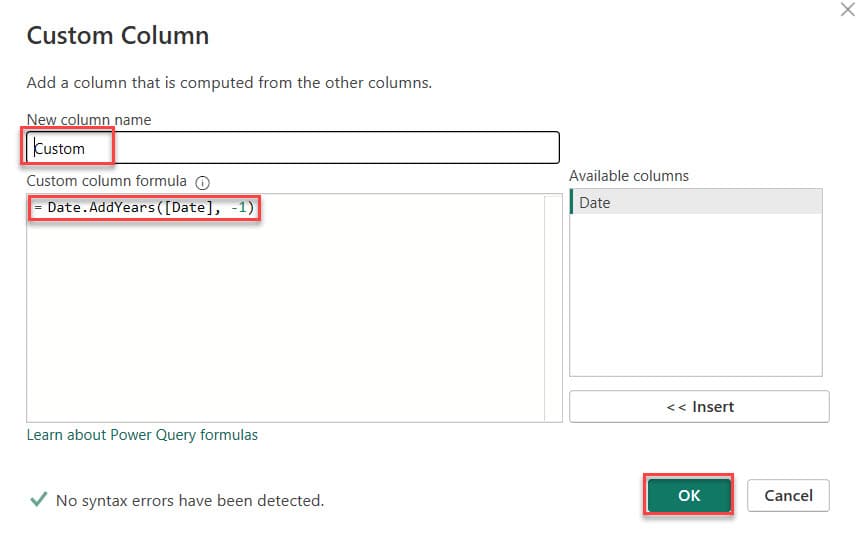 Power Query Date Minus 1 Year in Power BI