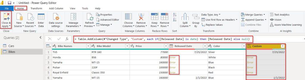 power query if column contains date then