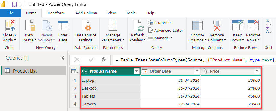 power query new table