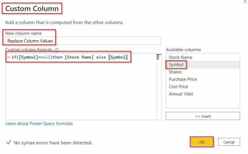 Power query replace null with column value example