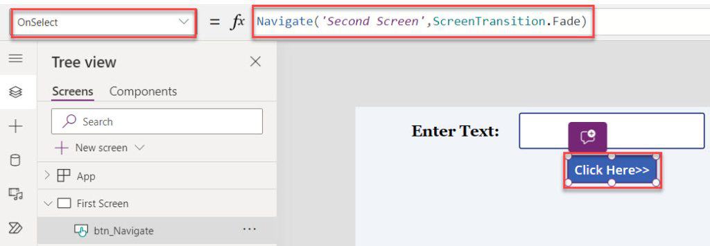 powerapps button to next screen