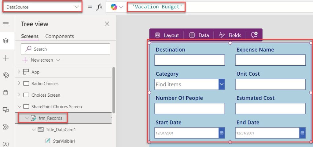 powerapps choices function