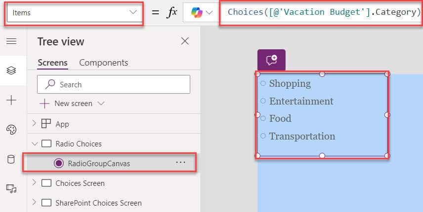 powerapps choices