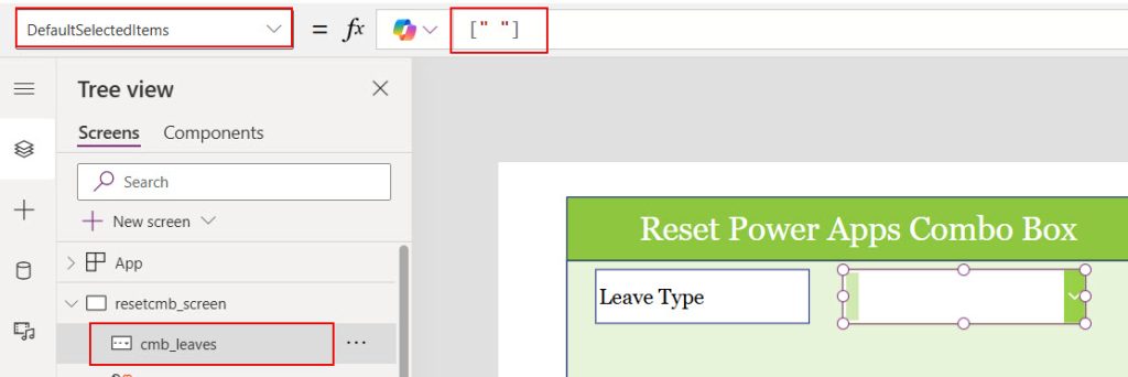 powerapps combobox reset to blank