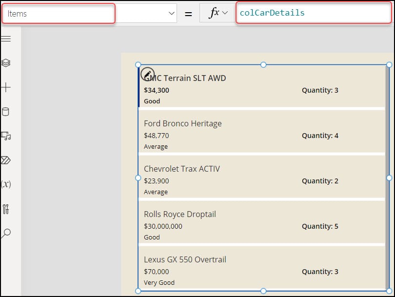 PowerApps Create Table from Collection