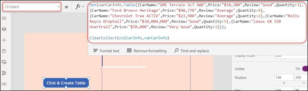 powerapps create table variable