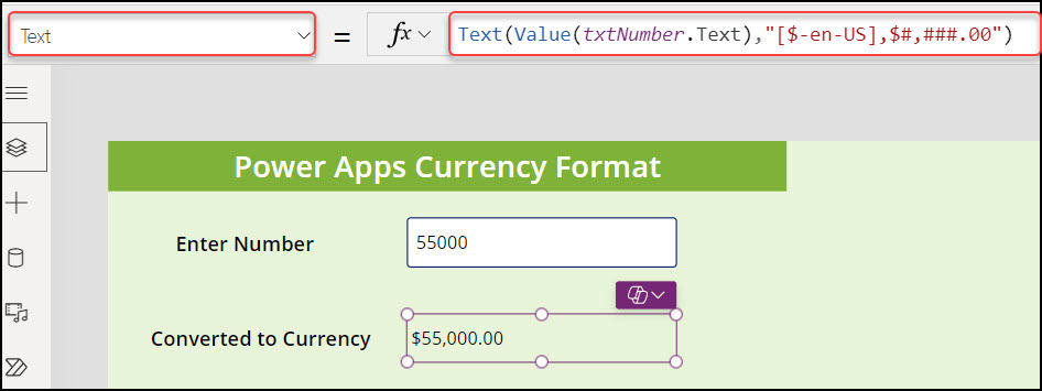 powerapps currency format