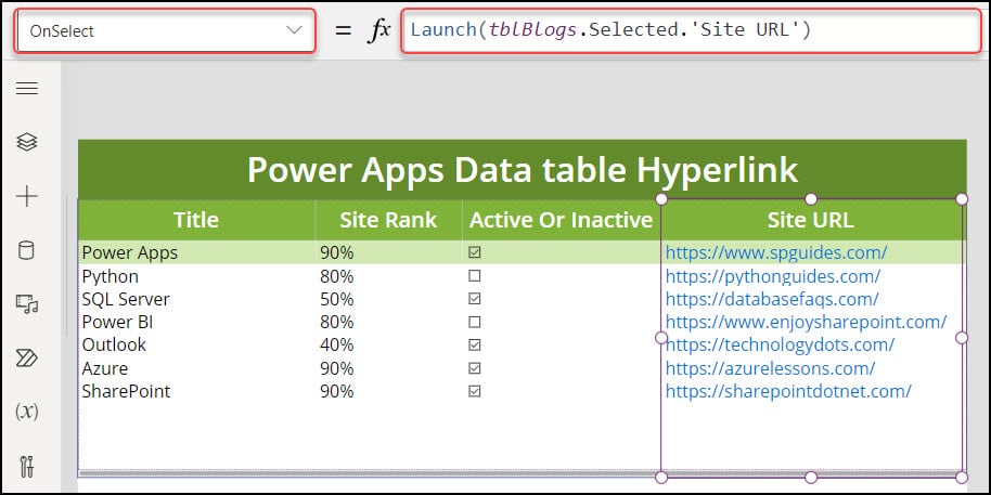 PowerApps Data table hyperlink