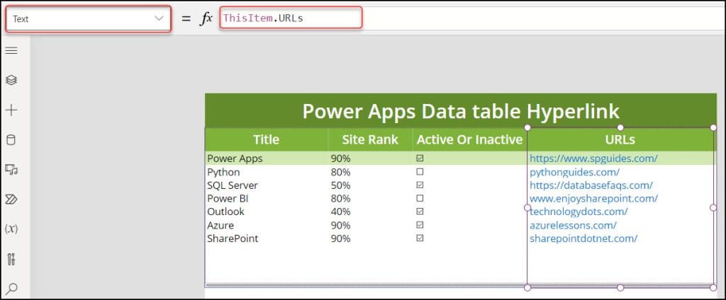 PowerApps Data Table Url