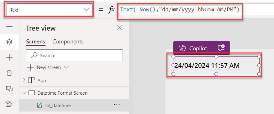 powerapps date time format