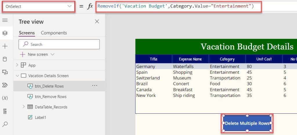 powerapps delete all records from data table