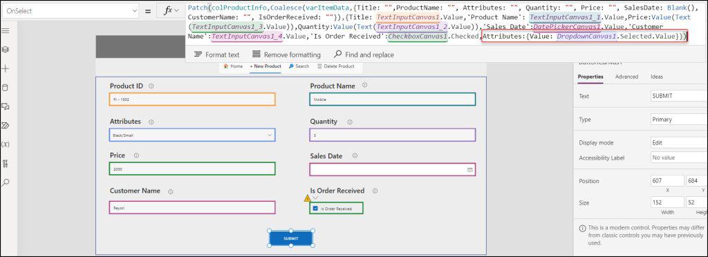 powerapps does not match the expected type record found type text